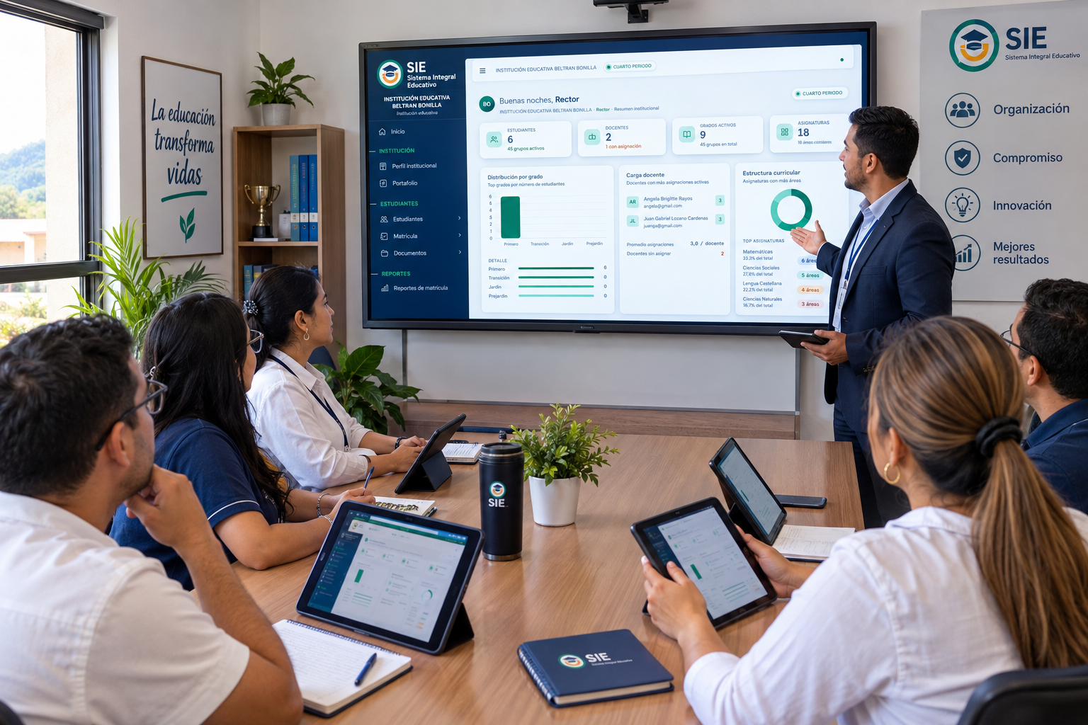Rectora revisando reportes en una tablet