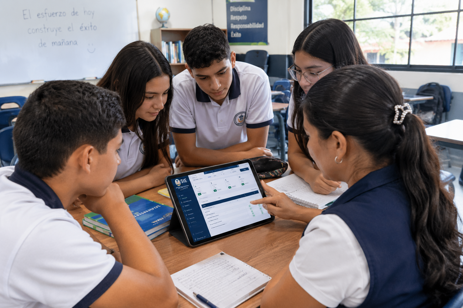 Docente y estudiantes usando tecnología en el aula